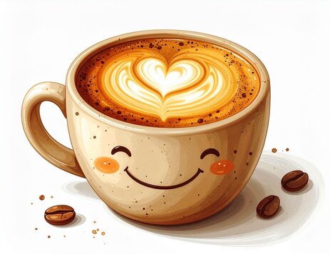 Adorable kawaii coffee cup with a cheerful smile and blush, filled with creamy latte art in the shape of a heart, representing a cozy and happy coffee break - Powered by Adobe