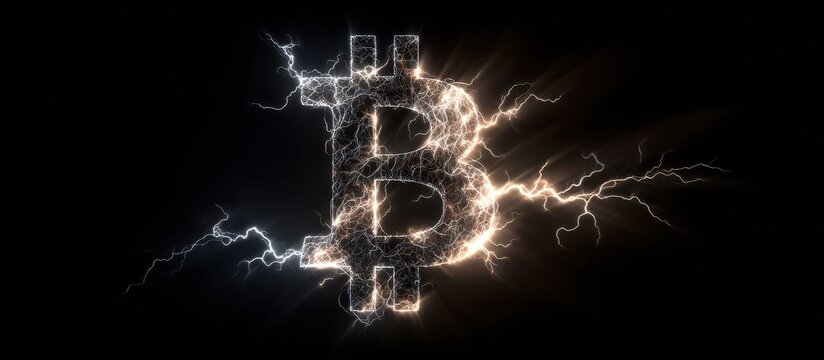 Bitcoin symbol surrounded by energized lightning