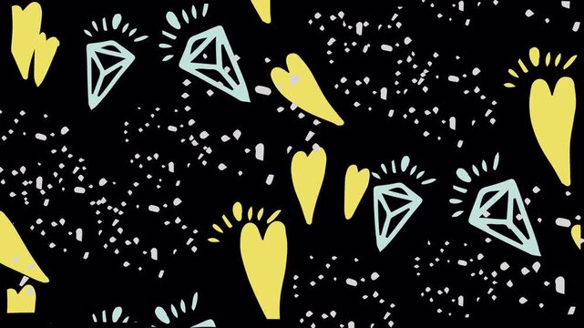 Diamonds and Hearts Pattern on Black Background, Seamless Repeating Design.
