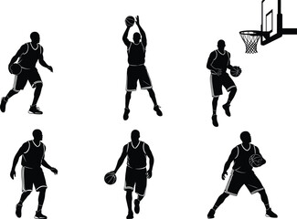 Basketball player silhouettes, action poses, dribbling, shooting, defending, hoop icon, black vector illustration, athletic movement, sports energy, game stance
