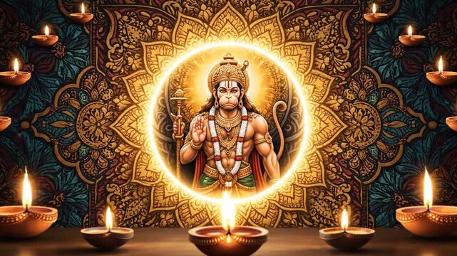divine hanuman in mandala with glowing lamps