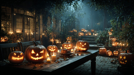 Happy Halloween. Jack o lantern glowing pumpkins with candles on rustic table in dark scary garden. Boo! Trick or treat! Spooky atmospheric Halloween night with space for text