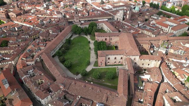 Drone view of the historic Visconti-Sforzesco Castle and Piazza Ducale in Vigevano, Italy.