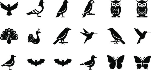Collection of silhouettes of various birds bats and butterflies isolated on transparent background