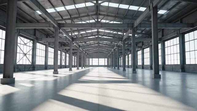 An expansive industrial interior featuring a metal beam structure, abundant windows, and light/shadow play