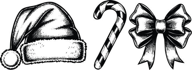 Festive Christmas elements: Santa hat, a candy cane, and a bow in black and white ink.
