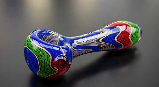 A multi-colored artisanal glass pipe for smoking rests on a dark reflective surface