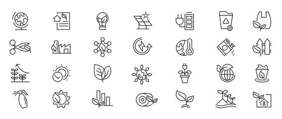 Ecology Environmental line icon set. Sustainable development, sustainability, net zero, climate crisis, recycle, electric, global, warming, pollution, earthquake, tsunami