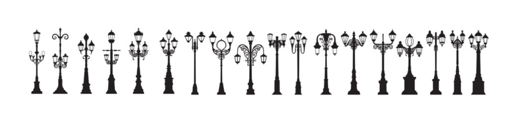 Set of vintage style street lamp silhouettes in various