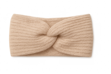 Knitted beige headband with twisted knot design