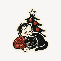 Naklejka premium Child cuddling cat Christmas tree