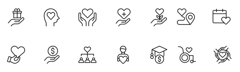 A Complete Icon Set for Charity Organizations, Fundraising Events, Nonprofit Campaigns, Donation Drives, Volunteer Programs, Social Justice, and Community Support Activities