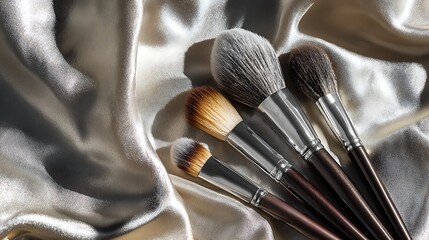 arrangement of makeup brushes on satin fabric, top view, soft shadow, luxury composition