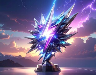 Metallic, spiky sculpture with lightning bolt; cloudy, purple sky
