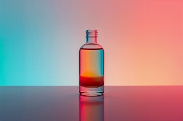 Sleek glass bottle with layered colored liquid on a white background for a product mockup, a clean studio shot with vibrant gradient backlighting.