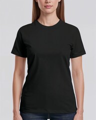 Women's plain black t-shirt mockup, front view, isolated.