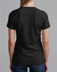 Back view of a women's plain black t-shirt mockup on an anonymous model.