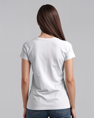 Back view of a women's plain white t-shirt mockup on an anonymous model.