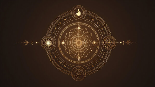 Golden Circle Of Four Elements: Fire Water Earth Air Alchemy Symbol For Mysticism Or Magic