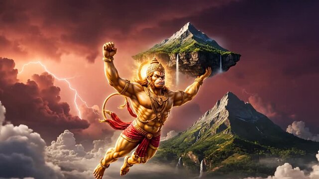 powerful hanuman carrying mountain through storm