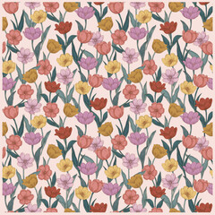 Seamless vector pattern of colorful tulips on soft pastel background