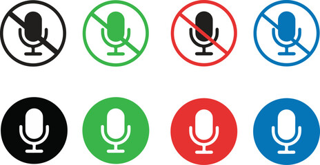 Microphone and mute microphone icon set. Vector symbols for voice recording, audio communication, and sound.