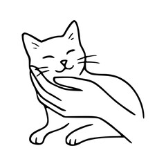 hand caressing happy cat line art vector