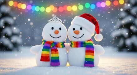 Two snowmen wearing scarves and festive hats stand in snow with bokeh lights and falling snow