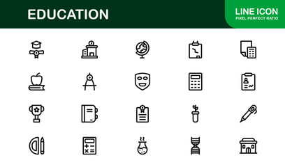Education Line Icon Set – Professional Minimal Outline Icons for E-Learning, School, and University Projects