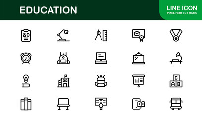 Education Line Icon Set – Professional Minimal Outline Icons for E-Learning, School, and University Projects
