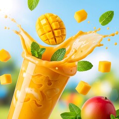 The rich, creamy texture and bold color of the mango juice is accentuated by the flying fruit and mint garnish, delivering a powerful message of health, abundance, and mental wellness for digital medi