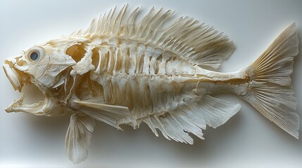 Cleaned fish skeleton, detailed bone structure, viewed from above on white background.