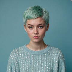 Cute girl with mint pixie cut and star freckles wearing cloud sweater on pale blue background illustration