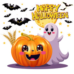 Illustration of a Halloween greeting card with a pumpkin, ghost and bats.