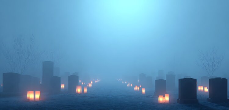Foggy graveyard with glowing candles and eerie atmosphere - Powered by Adobe