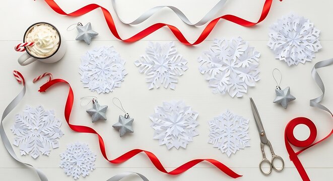 A collection of delicate white paper snowflakes and silver star ornaments arranged with red and silver ribbons, a mug of hot chocolate, and scissors on a white wooden surface, suggesting a holiday
