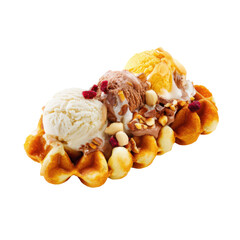 A Decadent Waffle Delight: A close-up showcases a tempting waffle topped with scoops of ice cream and an array of enticing treats, the perfect indulgence.