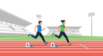 Two athletes running on a race track during a competition