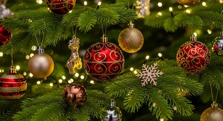 Close-up of a decorated Christmas tree with red and gold ornaments and twinkling lights.