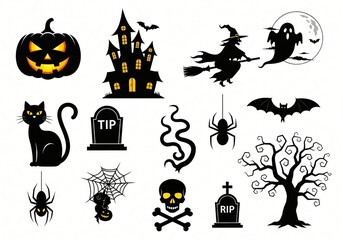 Obraz premium Spooky Halloween icons including pumpkin haunted house witch ghost black cat spiders and tombstones