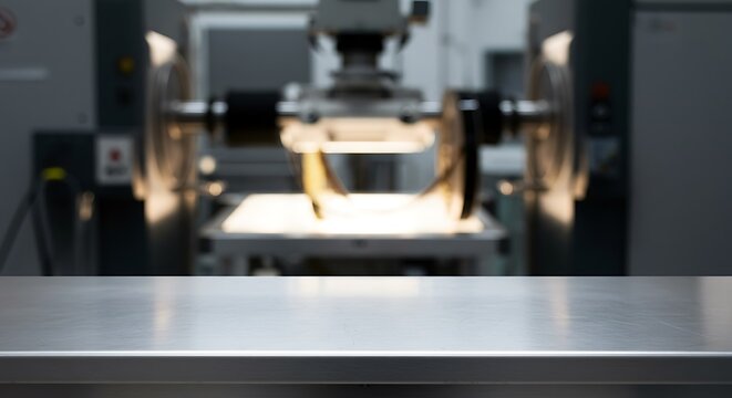 Closeup of a scientific microscope in a laboratory setting with a metal surface in the foreground for commercial usage and mockups