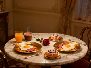 An elegant marble table set for two with eggs, bacon, cinnamon rolls, hot chocolate, orange juice, and a single red rose for a special morning.