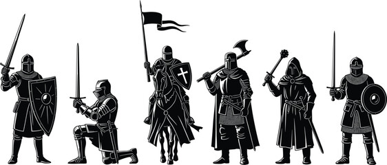 Medieval knight silhouette in battle poses, armor and weapon illustration, black vector design, isolated warrior character for historical combat themes
