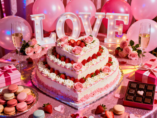 A lavish tiered heart-shaped cake decorated with strawberries and roses is displayed alongside champagne flutes and sparkling decor for a glamorous celebration.