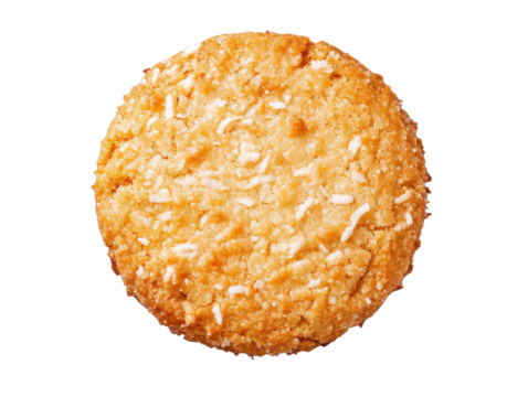 Delicious Coconut Cookie: A tempting, perfectly round cookie, studded with delicate flakes of coconut, sits ready to be enjoyed, promising a delightful treat.