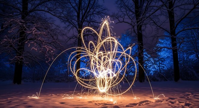 Long Exposure Light Painting in Snowy Winter Forest Night Photography Artistic Expression