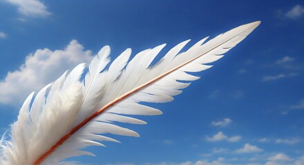 White feather close up against the clear blue sky. Gentle white feather artwork with airy and light texture. Minimal design featuring feather in open sky.