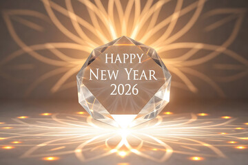 Happy New Year 2026 crystal prism with light reflections