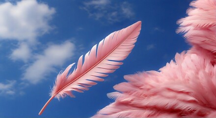 Soft pink feather floating under blue sky. Pastel feather illustration against clear sky. Gentle pink plumage in bright blue atmosphere. Airy pastel feather art with peaceful feeling.