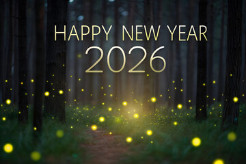 Happy New Year 2026 forest path with fireflies celebration